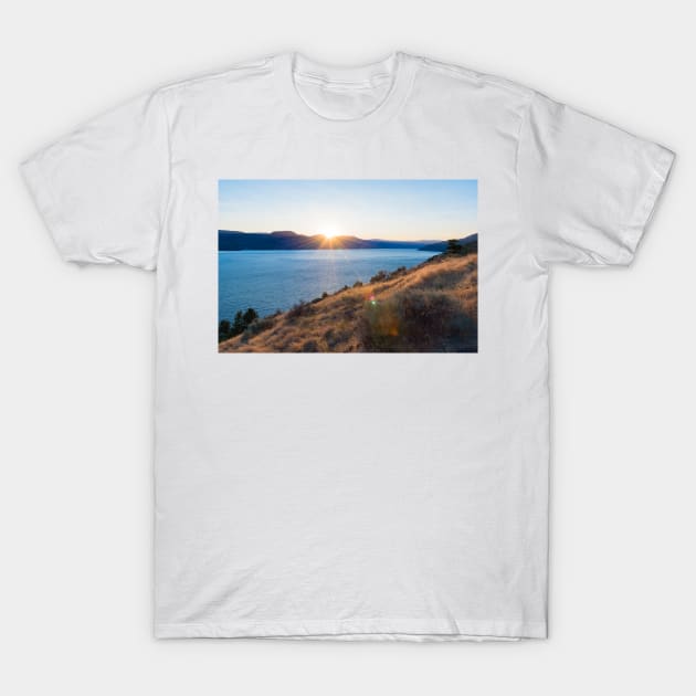 Summer Sun Setting Behind the Mountains over Okanagan Lake T-Shirt by Amy-K-Mitchell